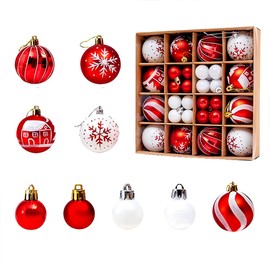 Christmas Tree Baubles Decoration Red & White 44ct 6cm Xmas Tree Baubles Decoration Ball Ornaments Hanging Baubles Shatterproof Glitter Decoration Pendant for Holiday Home Party Decor