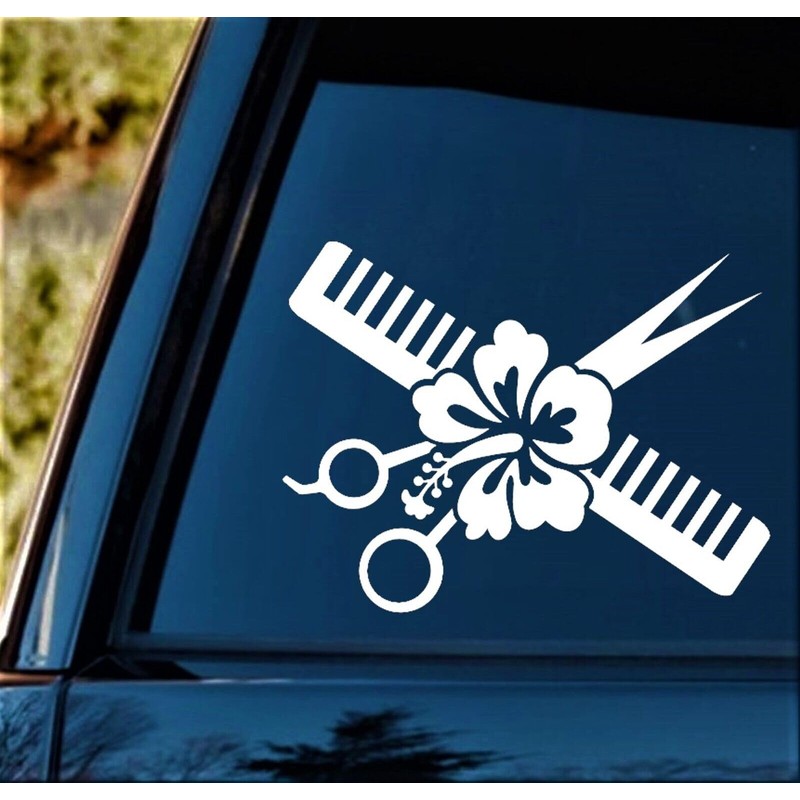 Hair Stylist Salon Scissors Comb Hibiscus Decal Sticker for Car