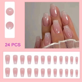 Glitter Ombre Pink Press on Nails Gradient Pink Medium Square Fake Nails Pink Clear False Nails with Glitter Design Stick on Nails Bling Glitter Glossy Acrylic Nails for Women Girls Manicure 24pcs
