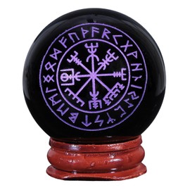 KYEYGWO Natural Black Obsidian Crystal Ball with Wooden Stand Runes Feng Shui Round Sphere Figurine for Home Office Decor, Purple