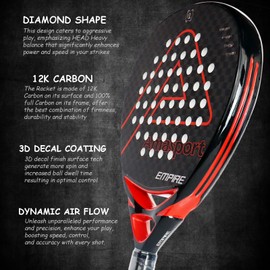 AMA SPORT Padel Racket 12K Carbon Fiber Surface with EVA Memory Flex Foam Core Padel Tennis Racket Lightweight Paddle Tennis Racquets (12K Red)