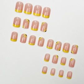 Summer Press on Nails Short Square Fake Nails with Flower designs Yellow French Tip Stick on Nails Glossy Full Cover Acrylic Nails Reusable Glue on Nails for Women Nail Decor 24pcs