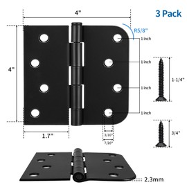 4in Black Door Hinges 3 Pack Interior and Exterior Door Hinges Black Matte 4 x 4 Inch with Square and 5/8" Radius Corner, Removable Pin, Iron Material