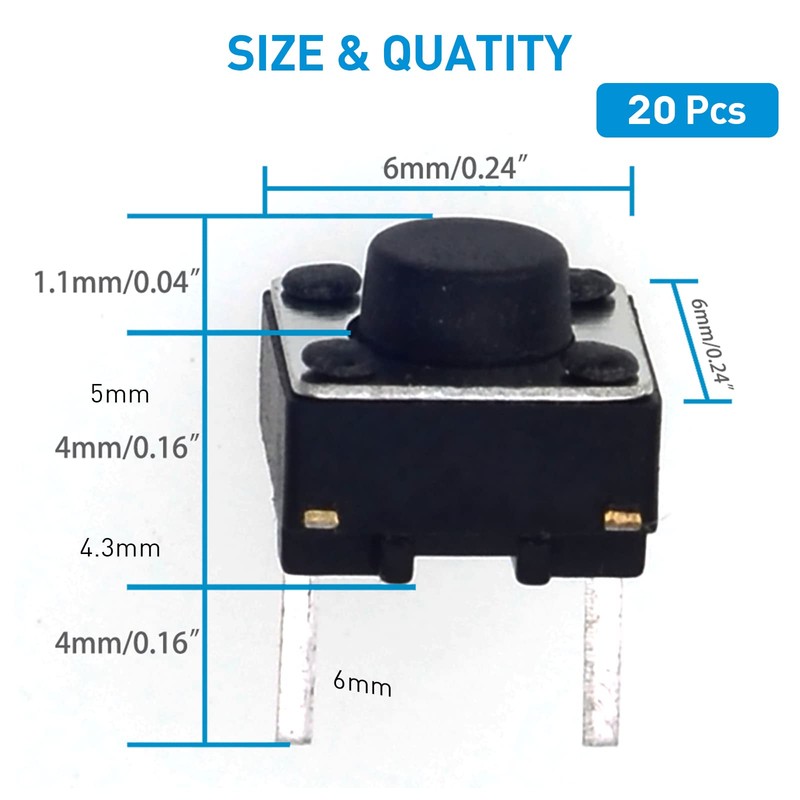QTEATAK 20 Pcs 6mm 2 Pin Momentary Tactile Tact Push