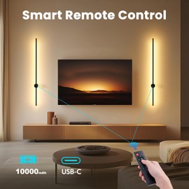 NIORSUN 35.4 Inch Battery Operated Wall Sconce Set of 2,Black Minimalist Rechargeable LED Wall Lights with Remote, 18 Colors Dimmable Wireless Wall Lamp for Living Room Bedroom Hallway