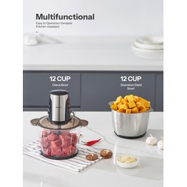 Food Processors with 2 Large Bowls(12 Cup+12 Cup), Reemix Electric Chopper with Powerful 500W Copper Motor, 4 Bi-Level Blades for Fruits, Meat, Vegetables, Baby Food, Nuts, 2 Speeds