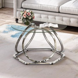 O&K FURNITURE Glass Coffee Table, Modern Silver Coffee Table Living Room Table with Hexagonal Base, Round Coffee Table for Home&Office, Chrome Finish, 1 PC
