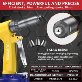 JUSTOOL Heavy Duty Pneumatic Rivet Gun 3916lbs Air Rivet Gun-3/32", 1/8", 5/32", 3/16", 1/4" Air Riveter with NPT 1/4 inch Air Hydraulic Riveter for Automotive Construction Maintenance Industries DIY