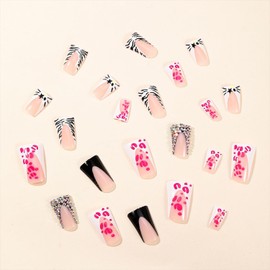 Duck Nails Press on White French Tip Fake Nails With Rhinestones Leopard Design Glossy Full Cover Glue on Nails Duck Feet Style False Nails Acrylic Artificial Stick on Nails for Women 24 Pcs