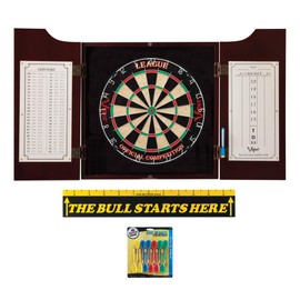 Viper League Sisal Dartboard, Hudson Mahogany Finish Cabinet, Tournament Steel Tip Darts & The Bull Starts Here Throw Line