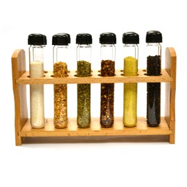 Hand Made Test Tube Spice Rack, Wooden Rack with 12 Borosilicate Glass Test Tubes (6" Long, 1" Dia.) with Caps and Funnel