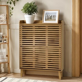 BVXBVX Shoe Cabinet, 31.5''W Shoe Storage Cabinet with Louvered 2 Flip Drawers, Narrow Shoe Cabinet for Entryway, Freestanding Shoe Organizer Cabinet, Slim Shoe Rack Cabinet (Walnut)