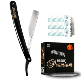 Navaja de afeitar recta profesional para hombre, navaja de barbero de filo recto con cuchillas Derby y estuche. Navaja de afeitar Shavette de acero inoxidable para hombre – Paquete d