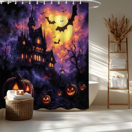 YOZSLGU Purple Halloween Shower Curtain Spooky Castle Haunted House, 70x70