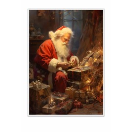 Vintage Merry Christmas Picture Prints, Santa Claus Packing Presents Canvas Poster, Aesthetic Xmas Painting for Home Office Party Decor Winter Holiday Presents 12x16 Inch Unframed
