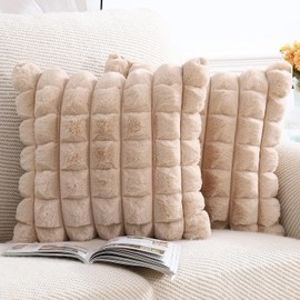 Madizz Set of 2 Faux Fur Plush Decorative Cushion Covers Striped Soft Decorative Cushion Cover for Sofa Bedroom Cushion Shell Camel 45 x 45 cm