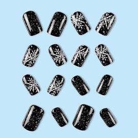 Black Press on Nails Christmas Short Square Fake Nails Snowflake Designs Glitter Glue on Nails Xmas False Nails Short Winter Acrylic Stick on Nails for Women 24 Pcs