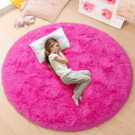 junovo Round Rug 5x5 Feet Fluffy Soft Area Rugs for Kids Girls Room Princess Castle Plush Shaggy Carpet Cute Circle Nursery Rug for Kids Girls Bedroom Baby Room Home Decor Circular Carpet, Hot-Pink