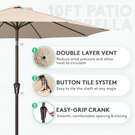 JEAREY JEAREY 10FT Outdoor Patio Umbrella Outdoor Table Umbrella with Push Button Tilt and Crank, Market Umbrella 8 Sturdy Ribs UV Protection Waterproof for Pool, Garden (Beige)
