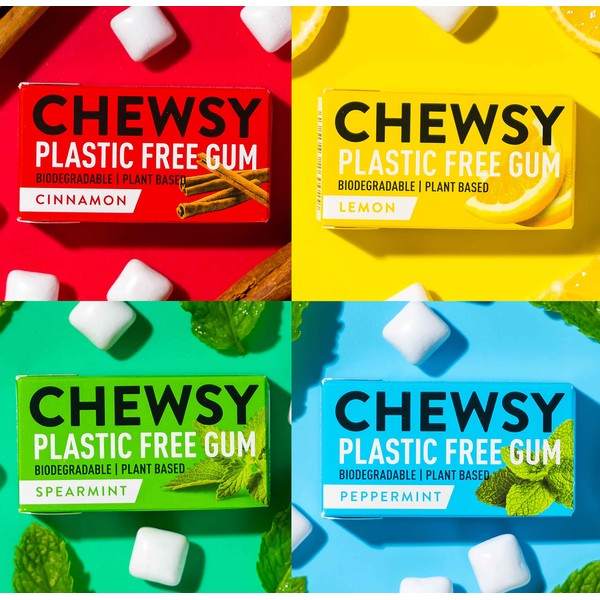 Chewsy Flavour Collection | Natural + Plastic-Free Chewing Gum | Sugar-Free + Aspartame-Free | 100% Xylitol + Tooth Friendly | Vegan 15g (Pack of 12, 120 Pieces)
