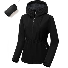 poonyfesh Women's Lightweight Packable Rain Jacket, Waterproof Hooded Raincoat Windbreaker for Hiking,Cycling Black XX-Large