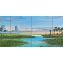 Artwork on Tile Sunset Tile Backsplash Mike Brown Intercoastal Waterway Ceramic Mural  MBA034 - 25.5" x 12.75" - 4.25" tiles
