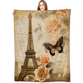 VODRM Vintage Paris Blanket Eiffel Tower, Rose, and Butterfly Retro Throw Blankets,Birthday Gifts for Girls Women,Lightweight Soft Fleece Cozy for Sofa Couch Bed Room Travel Decor 50x60in
