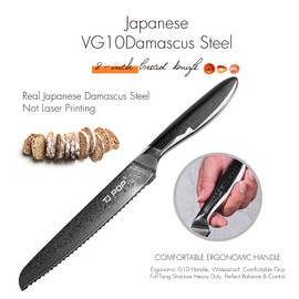 TJ POP Damascus Bread Knife 8 Inch, Professional Serrated Knife, Ultra Sharp Bread Cutter, Full-tang Designed, Japanese VG-10 Steel Blade, Comfort Grip Non-slip G10 Handle