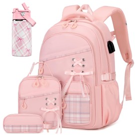 DIGOBAY Backpacks for Girls - Girls Backpack with 14oz Insulated Water Bottle, Plaid School Backpacks with Lunch Bag & Pencil Pouch for Girl Students Bookbag with Kids Water Bottle Stainless Steel