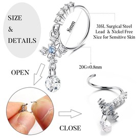 KALVICA 20 Pieces 20G Stainless Steel Nose Piercing Set Silver Gold Rose Gold Black Piercing Nose Ring Moon Star Pendant Heart Shape Piercing Nose Ring Glitter for Women, Stainless Steel Stainless