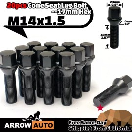 ARROW 20x Black 14x1.5 Lug Bolt 40mm Fit C300/GLA250&MB AfterMarketRim 10-15mm Spacer