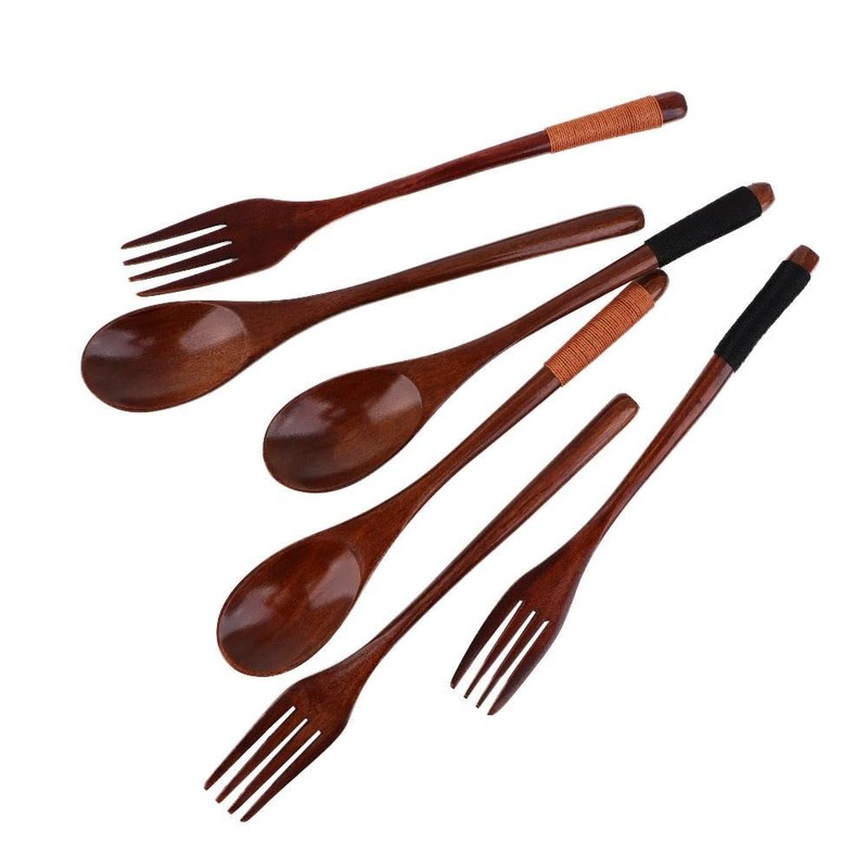 Cutlery 3PCS Fork Chopsticks Spoon Set Portable Tableware Chinese Wooden