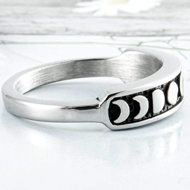 Retro Vintage Stainless Steel Moon Phase Shape Crescent Stacking Wedding Band Promise Ring (Antique Silver, 9)