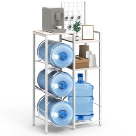 Water Dispenser Stand 5 Gallon Water Jug Holder with Wood Tabletop Shelf, 3 Slots 5 Gal Water Bottle Holder Storage Rack for Home, Office, Garage Organizer Rustic Gray