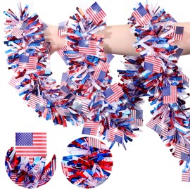 50 FT American Flag Patriotic Tinsel Garland, Red White Blue Patriotic Tinsel Decor for 4th of July Independence Day Memorial Day Party Supplies Indoor Outdoor Home Yard & Parade Festival Decor