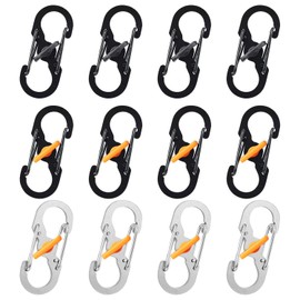 Pack of 12 Mini Carabiner Keychains, Zipper Anti-Theft Buckle, Backpack Carabiner, Keychain Hook, Carabiner Clip (Black, White, All Black)