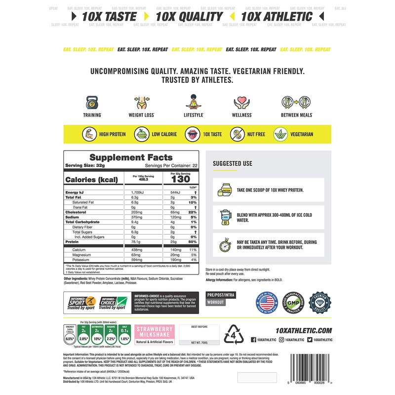 10X Athletic Whey Protein, Low Calorie, High Protein, Vegetarian, Informed