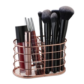 Relaxdays Pen Holder, 2 Compartments, Brush Holder, Cosmetics, Metal, Pen Cup Desk, H x D: 9 x 15 x 8 cm, Rose Gold, 100% Iron, Copper