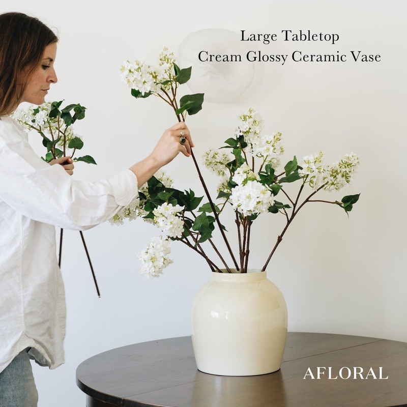 Afloral Large Tabletop Cream Glossy Ceramic Vase - 10.5"