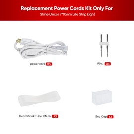 Shine Decor 5FT Power Cord Kit, Replacement for 120 VAC Single White IP65 Waterproof Connectable 10x7mm Lite LED Strip Lights 180 Lm/M Only, Pack of 3 with Pins End Caps and Heatshrink Tubes