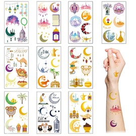 Eid Mubarak Temporary Tattoo for kids,10 Sheets Islamic Vinyl Stickers Face Tattoo Stickers for Muslim Islamic Eid Iftar Diwali arty Favor Supplies