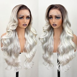 Pre Layered Body Wave Synthetic lace front wig 13×6 HD Lace Front Glueless Wigs for white women 26 Inch Pre Plucked Wear and Go Ombre White Grey Tiny Knots Lace Natural Hairline Wigs for Women