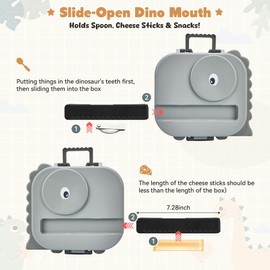 Pawtong Bento Lunch Box with Thermo, 4-Compartment Bento Box with Adjustable Dividers, Leakproof Dinosaur Lunch Box with 14.2OZ Insulated Food Jar & Sauce Jar, for School Office Travel(Grey)