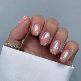 Chrome Press on Nails Medium Square Fake Nails Pink Full Cover White Floral False Nails with Designs Glossy Glue on Nails Spring Summer Acrylic Nails Artificial Nails for Women Girls 24Pcs