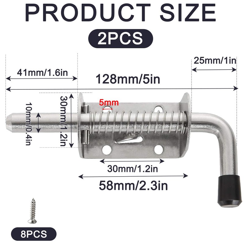 WYIPOLZI 5 Inch/128mm Spring Latch Pin Stainless Steel Barrel Bolt