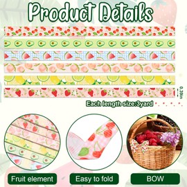 6 PCS Summer Fruit Ribbons for Crafting, 3/8" Width Grosgrain Ribbon Colorful Watermelon Lemon Craft Ribbons for Baby Shower Birthday Sewing DIY Crafts Supplies
