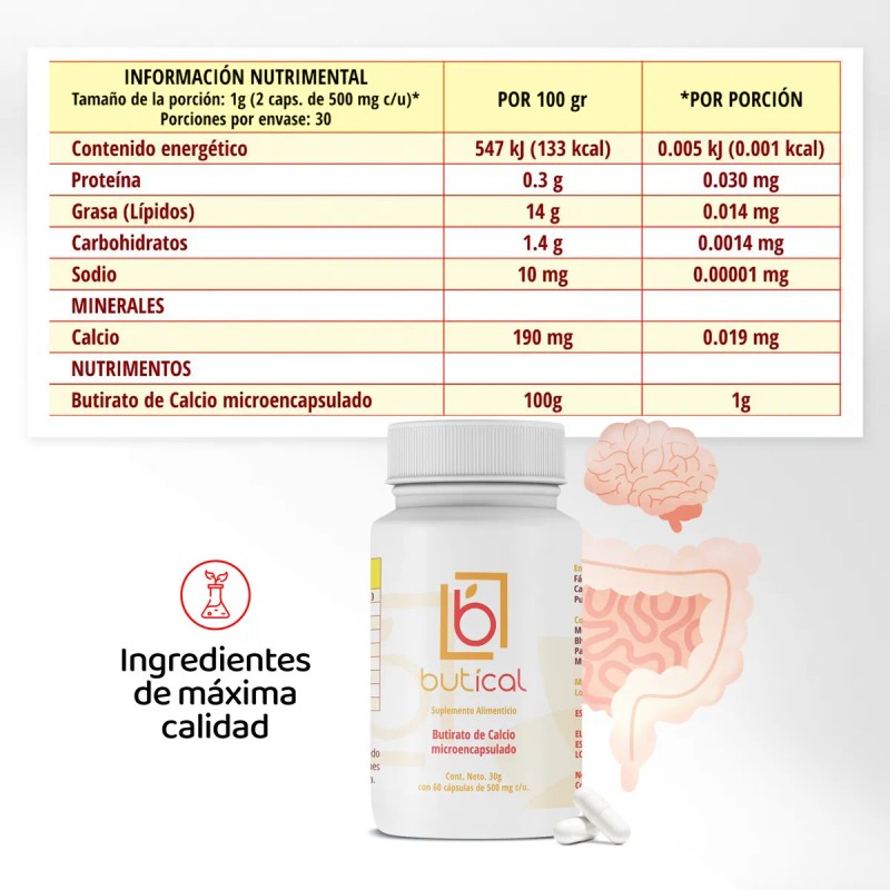 Butical Butirato De Calcio 60caps 500mg Prebiotico Posbiotic Sabor Sin