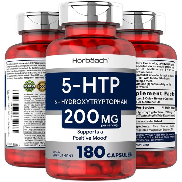 Horbaach 5-HTP 200 mg | 180 Capsules | Griffonia Simplicifolia | 5HTP Extra Strength Supplement | Non-GMO, Gluten Free | 5 Hydroxytryptophan