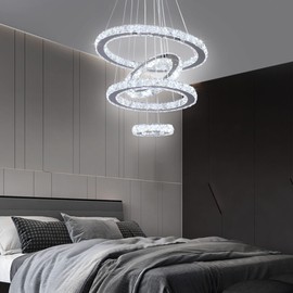 diisunbihuo Crystal Chandeliers Modern LED Rings Pendant Light Adjustable Stainless Steel Ceiling Light Fixture for Living Room Dining Room Bedroom(Multicolor,Non-dimmable or Fix Color)