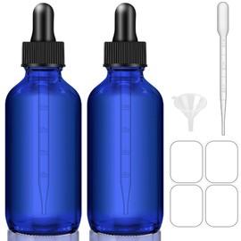 Bumobum Dropper Bottles, 4oz Blue Bottle with Dropper for Essential Oils with Funnel, Labels & Pipette, 2-Pack Tincture Bottles with Dropper(Unbreakable Plastic Eye Dropper)